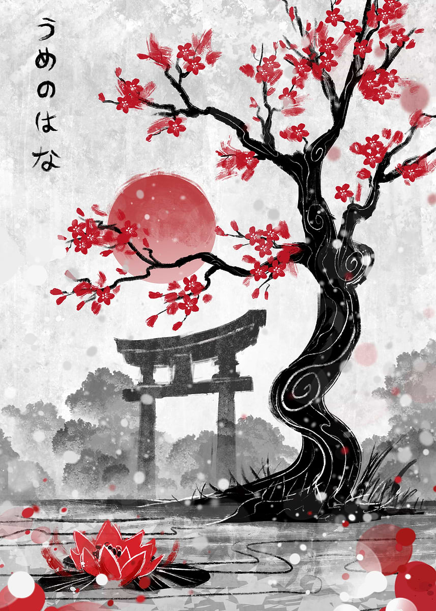 Japanese Garden with Red Blossoms and Torii