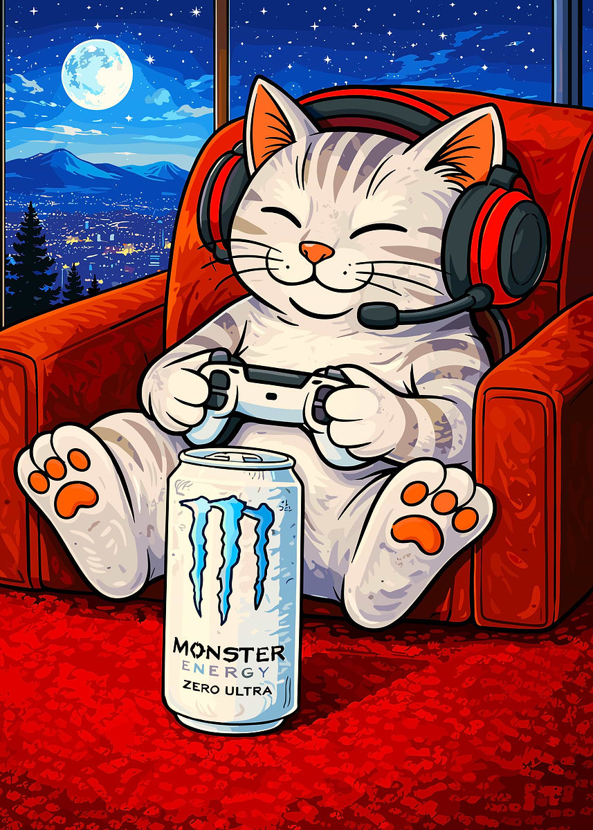Gaming Cat with Monster Energy Drink