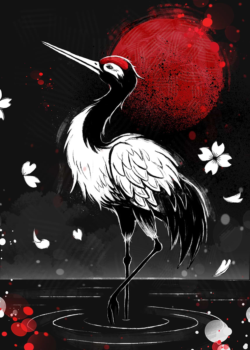 Crane and Red Moon Illustration