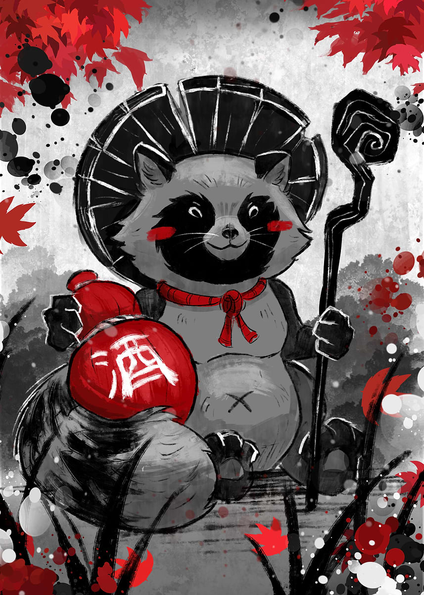 Tanuki Illustration with Sake Bottle