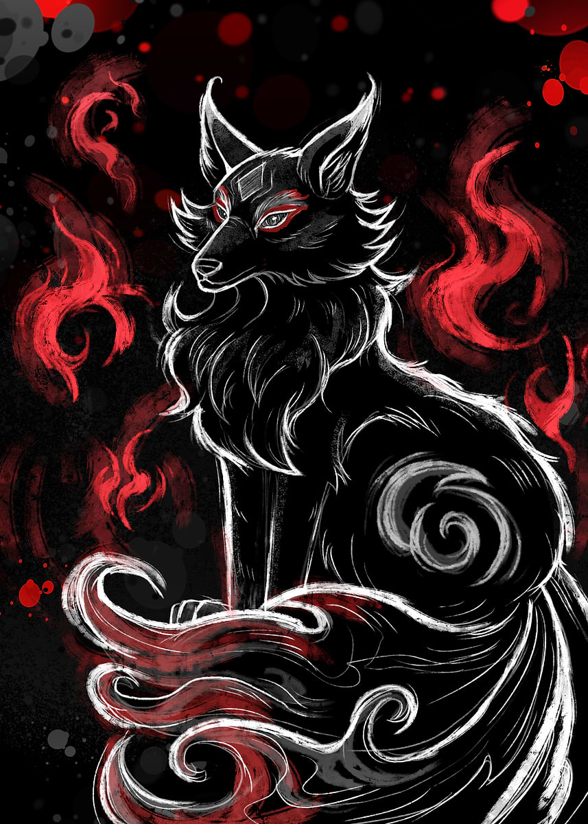 Black and White Fox with Red Flames