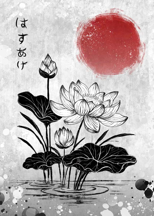 Lotus Flower Ink Painting with Red Sun